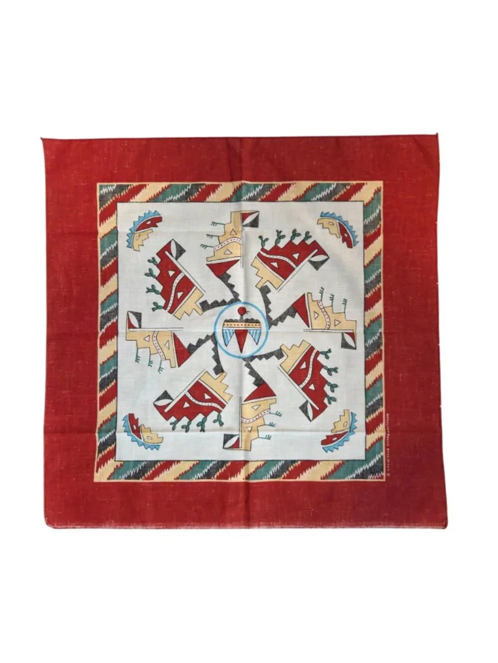 Southwestern Bandana Thunderbird Cactus Cotton Polyester Red USA 24 Inch Square
